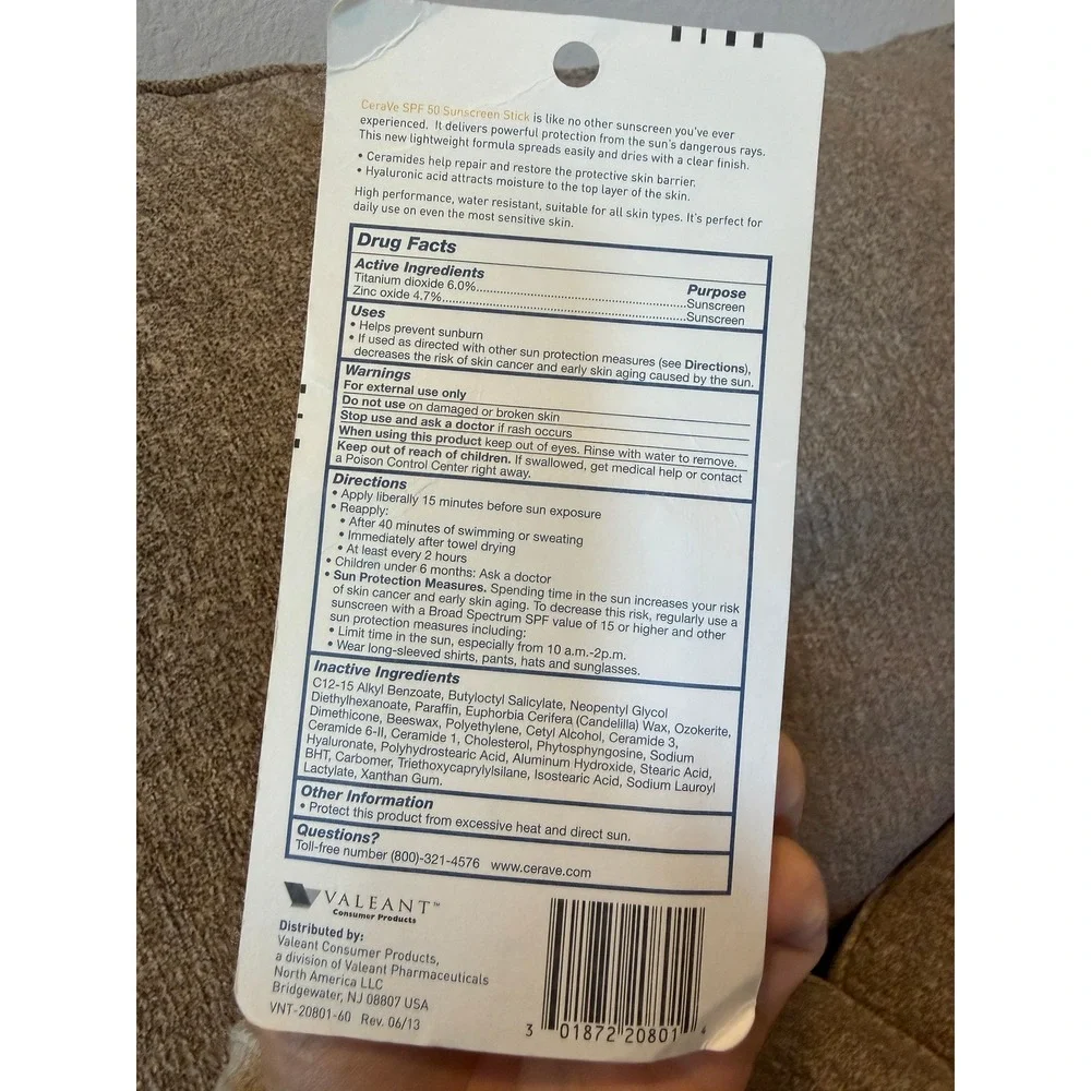CeraVe Sunscreen Stick‎ Broad Spectrum SPF 50 Invisible Zinc Water Resistant .47